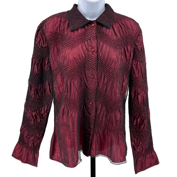 Coldwater Creek Blazer Wine Red Womens M Crinkled Mesh Button Up Collared Peplum - Picture 1 of 6